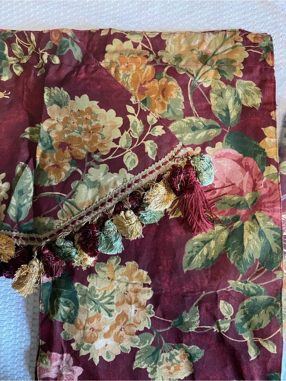 Vintage Burgundy Floral Tassel Valance, one window